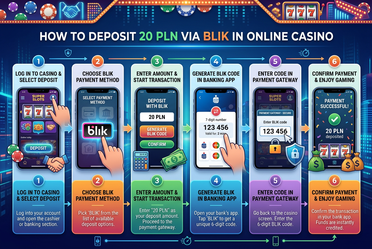 Infografika przedstawiająca proces wpłaty 20 PLN przez BLIK w kasynie