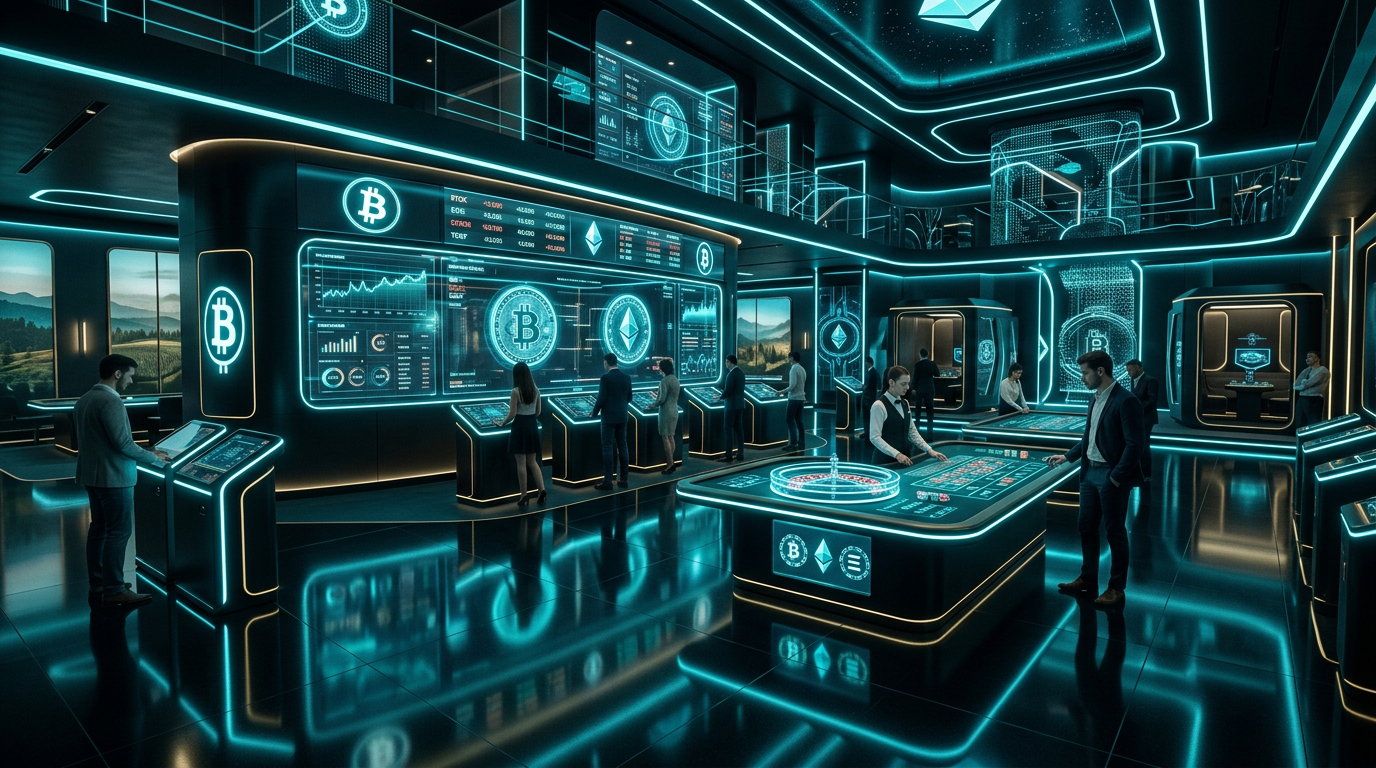 Nowoczesne krypto kasyno przyszłości z symbolami kryptowalut i neonowym oświetleniem.