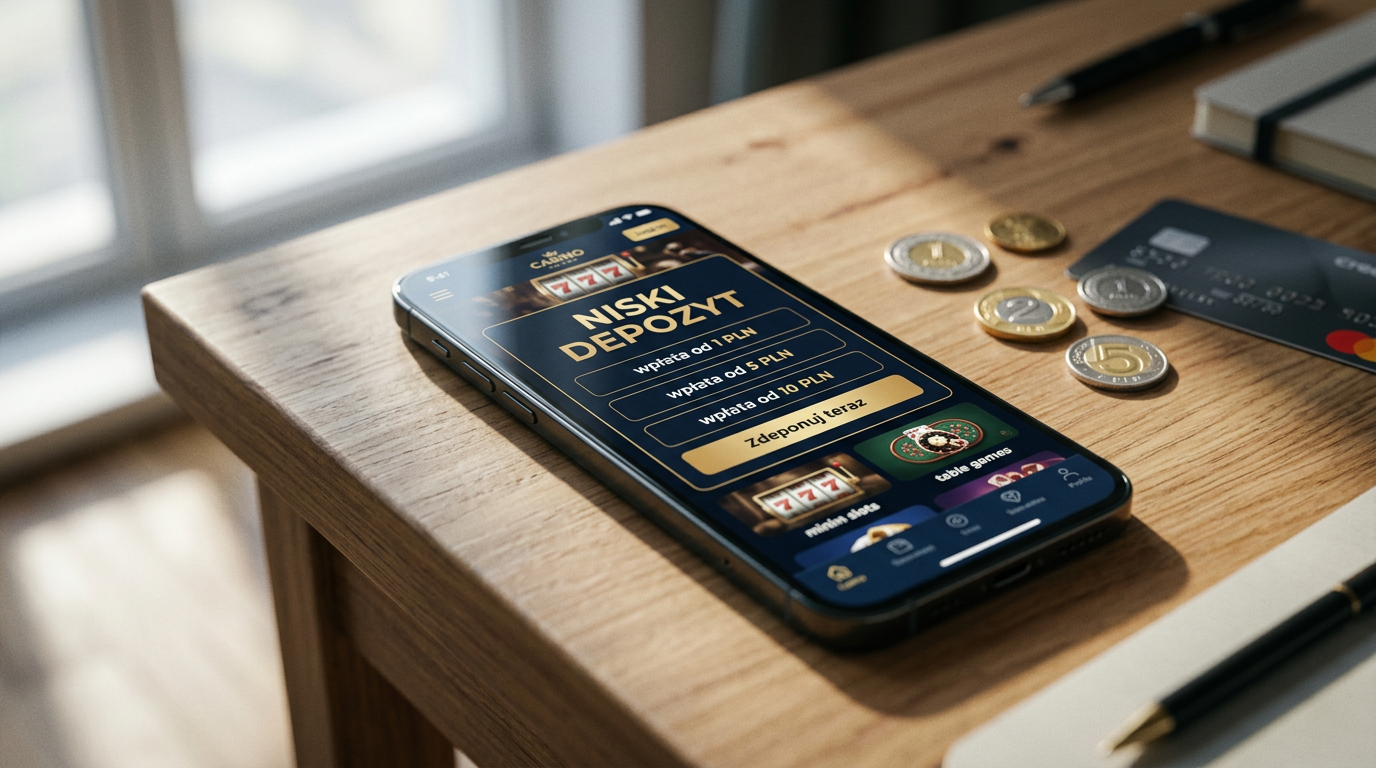 Smartfon z aplikacją kasyna online wyświetlającą opcje niskiego depozytu na drewnianym stole.