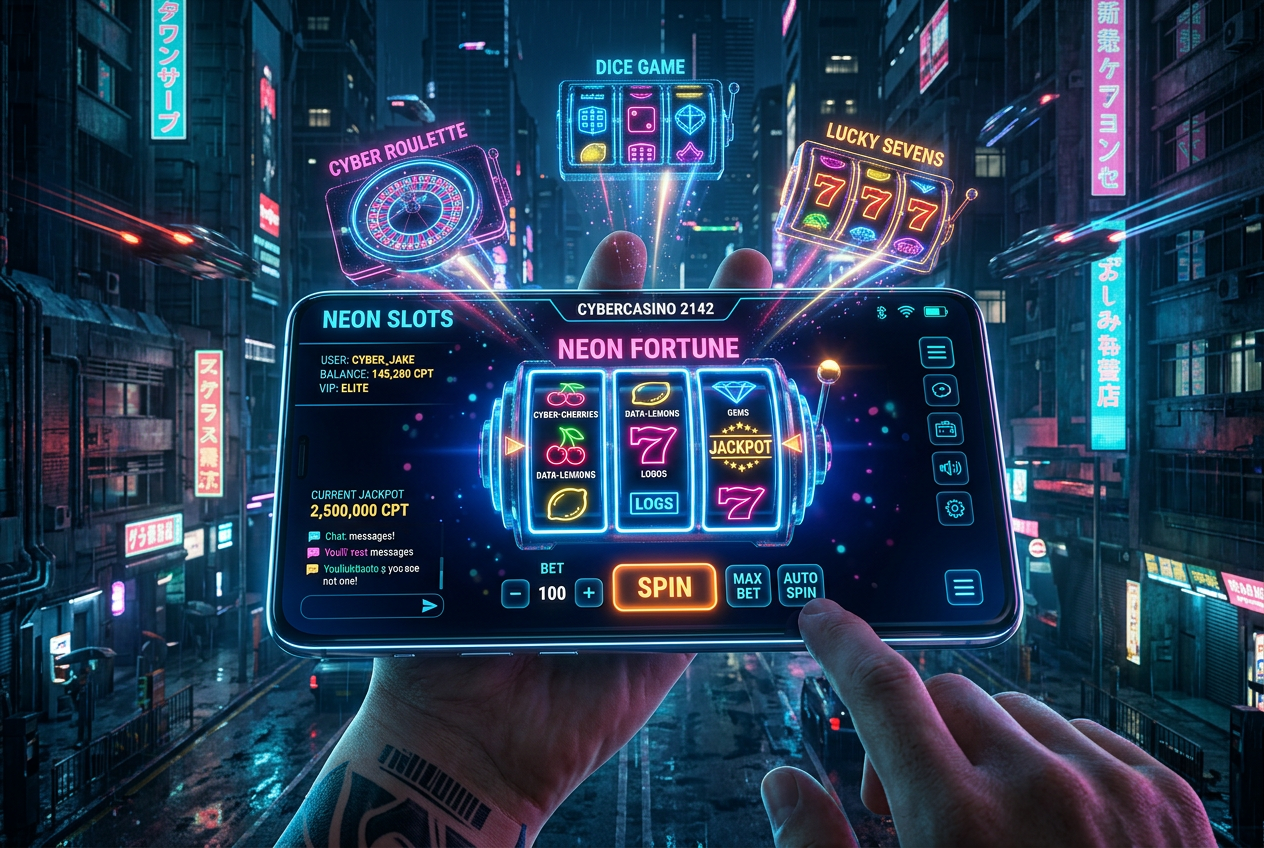 Nowoczesny interfejs mobilny kasyna online 2026 z neonowymi detalami