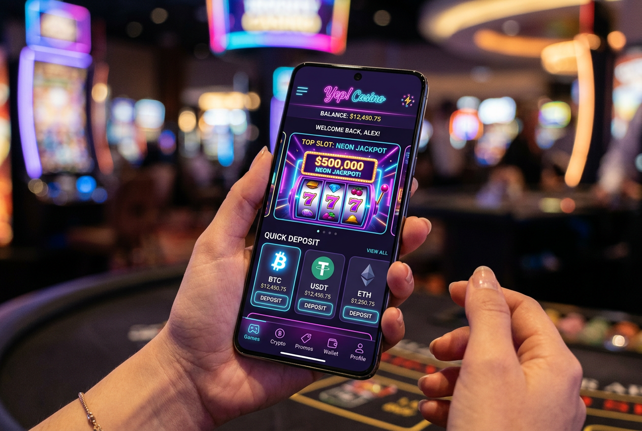 Nowoczesny interfejs mobilny kasyna Yep Casino z ikonami kryptowalut
